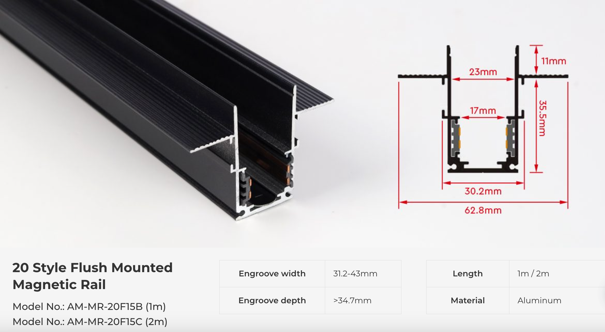 AM-MR-20F15B - (1M) 20 Style Flush Mounted Magnetic Rail