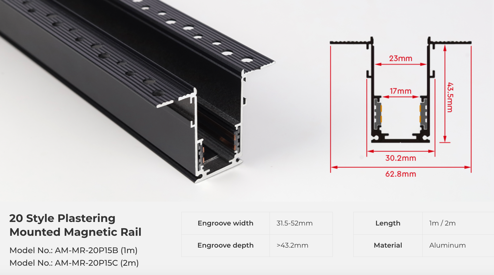 AM-MR-20P15C - (2M) 20 Style Plastering Mounted Magnetic Rail