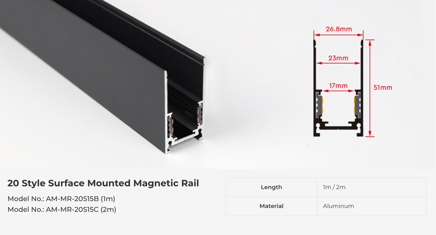 AM-MR-20S15C - (2M) 20 Style Surface Mounted Magnetic Rail