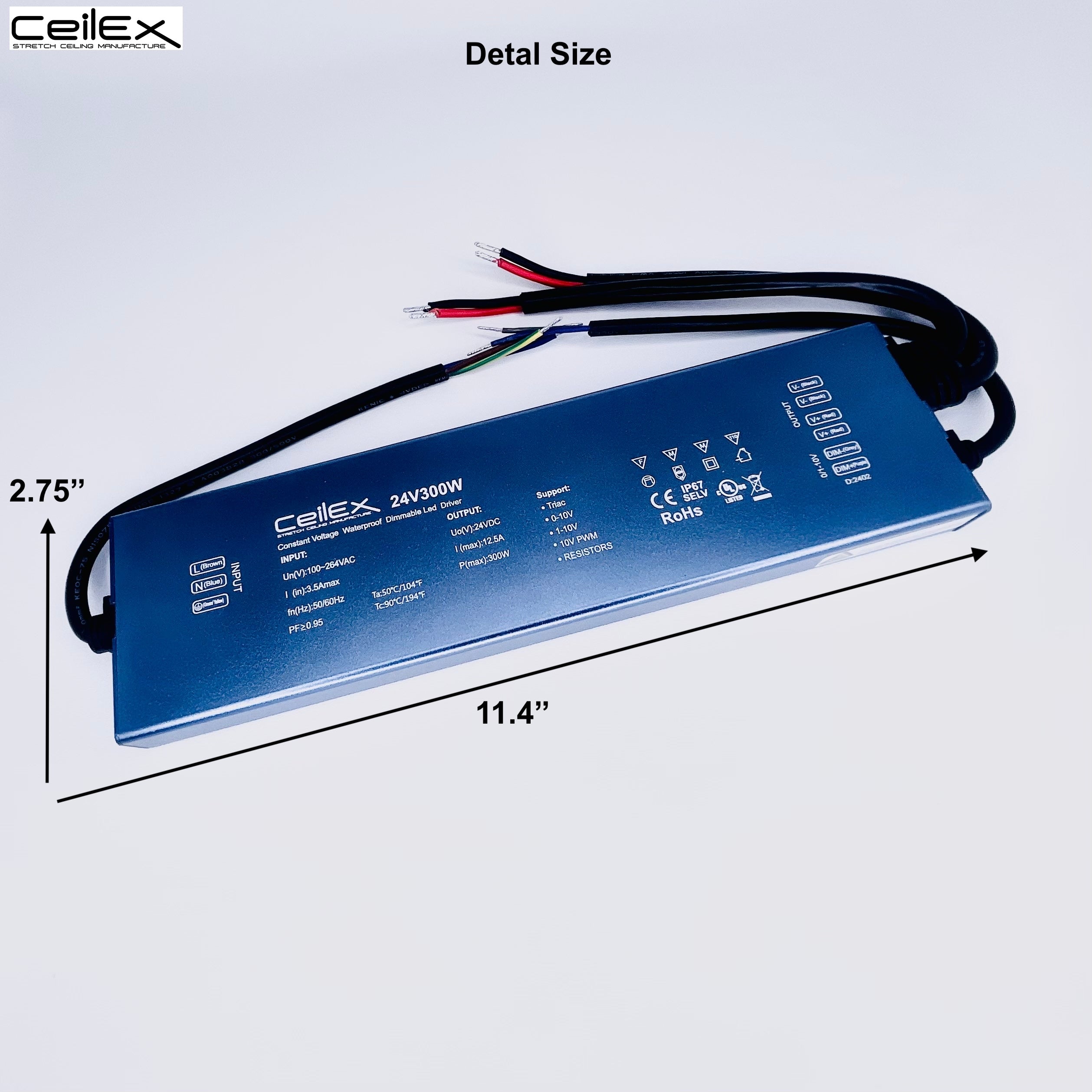 Triac Dimmable LED Driver 24V 300W IP67 Ultra Slim 0.8in UL Listed Compatible with Lutron Dimmer, Transformer for LED Lights, Power Supply 5in1 Triac/0-10V/1-10V/Potentiometer/10V PWM