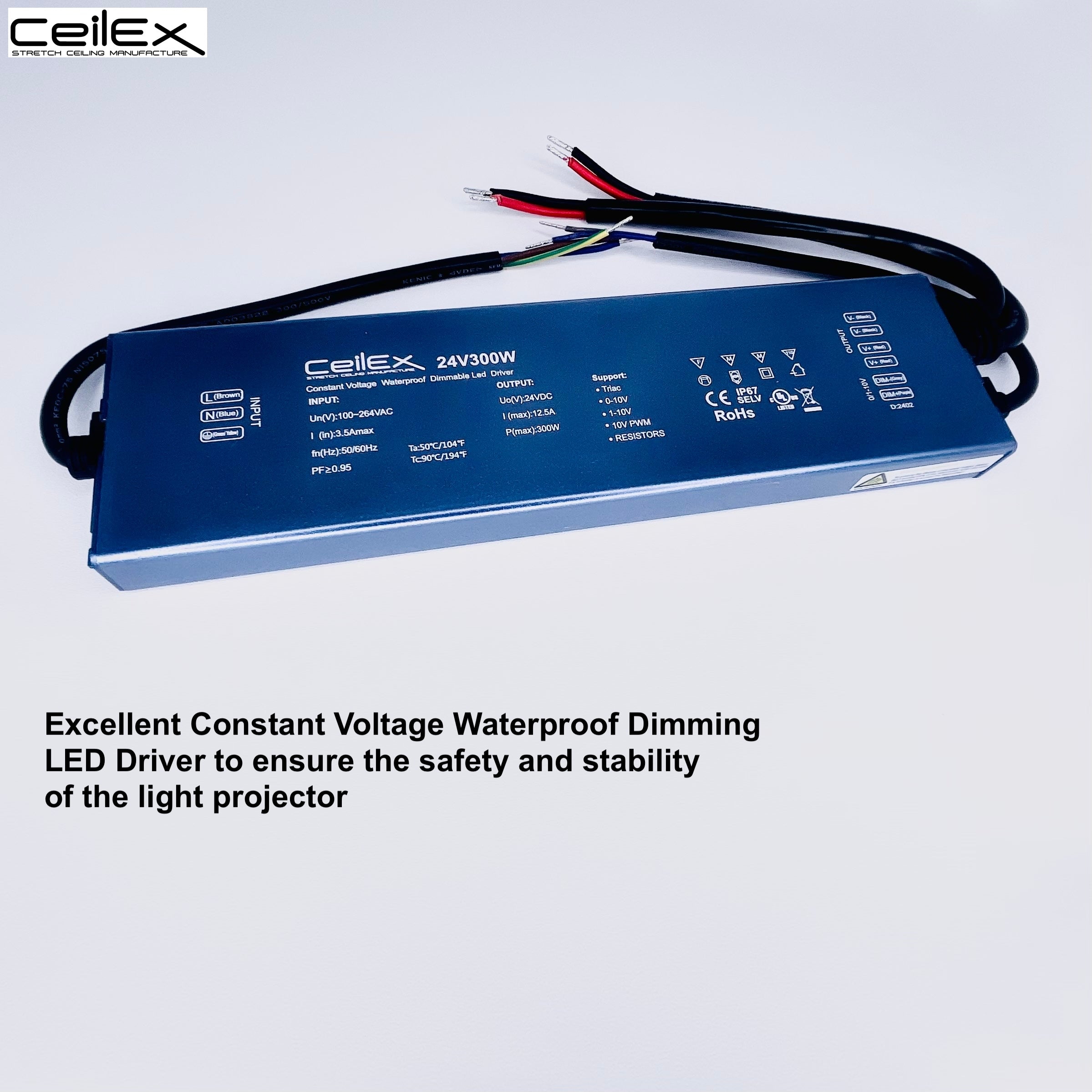 Triac Dimmable LED Driver 24V 300W IP67 Ultra Slim 0.8in UL Listed Compatible with Lutron Dimmer, Transformer for LED Lights, Power Supply 5in1 Triac/0-10V/1-10V/Potentiometer/10V PWM