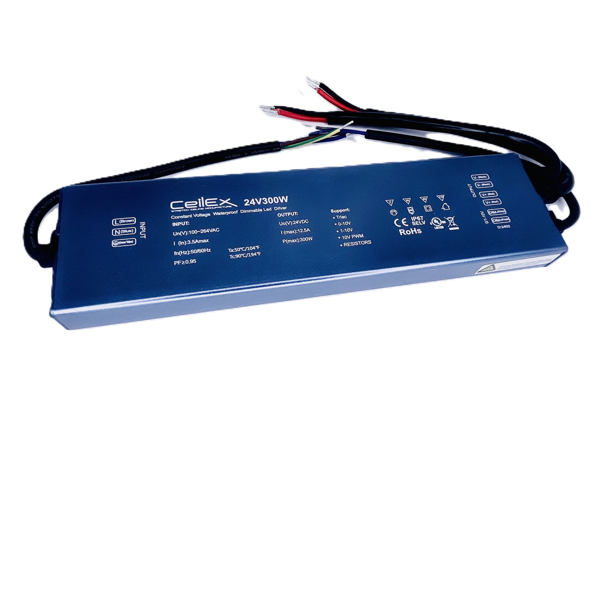 Triac Dimmable LED Driver 24V 300W IP67 Ultra Slim 0.8in UL Listed Compatible with Lutron Dimmer, Transformer for LED Lights, Power Supply 5in1 Triac/0-10V/1-10V/Potentiometer/10V PWM